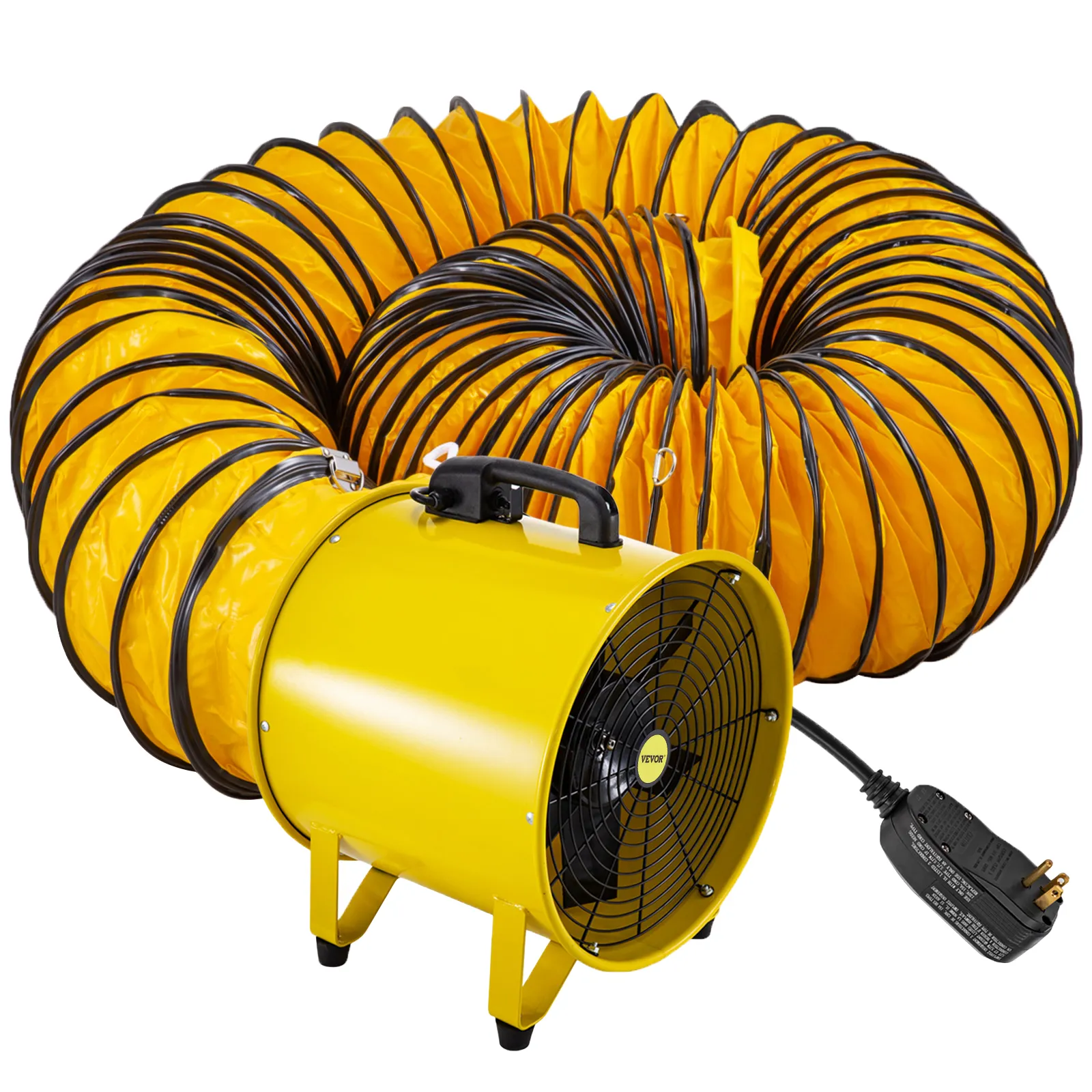 Ventilador utilitario VEVOR amarillo con manguera de conducto extensible y cable de alimentación.