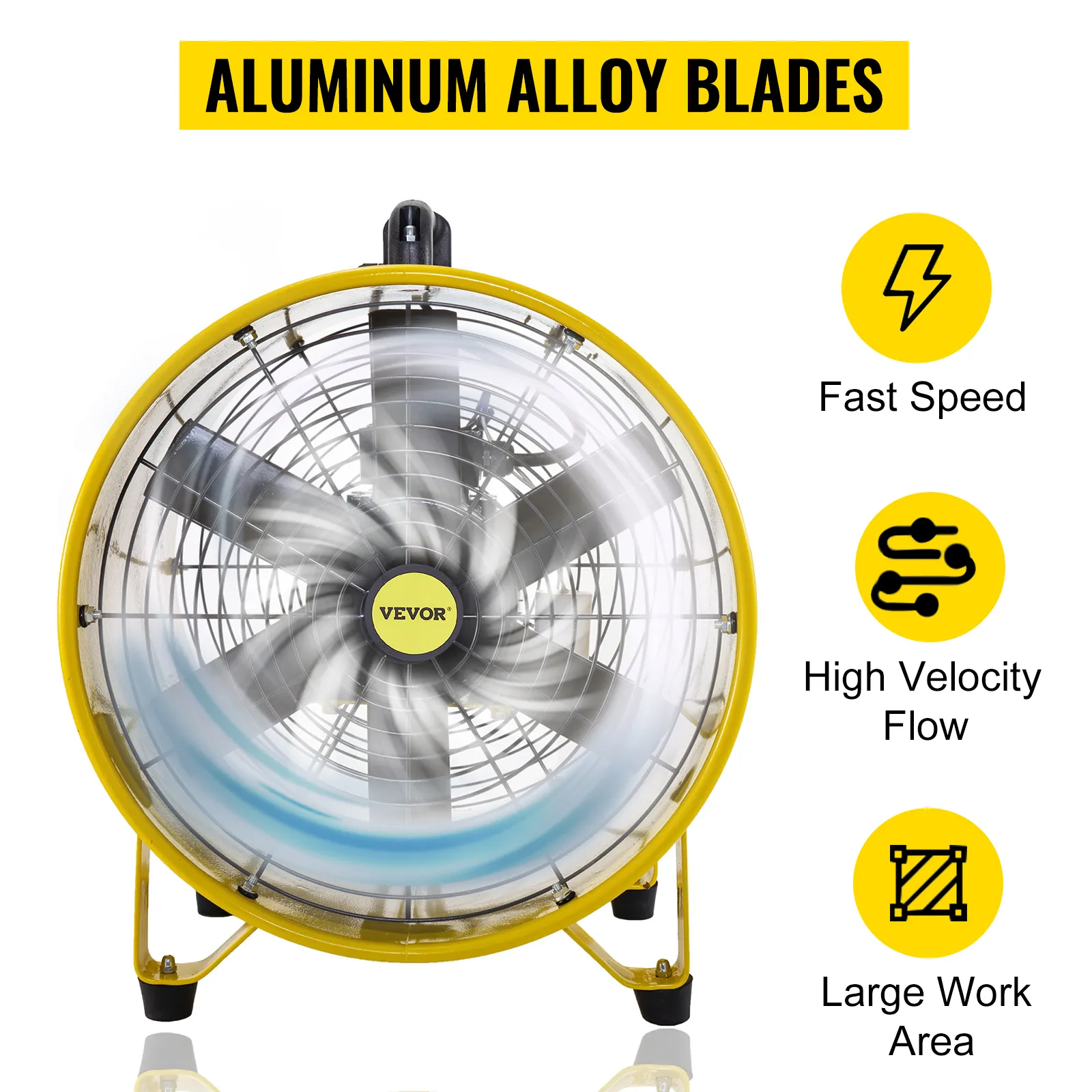 Ventilador utilitario VEVOR con aspas de aleación de aluminio e íconos para alta velocidad y rapidez.