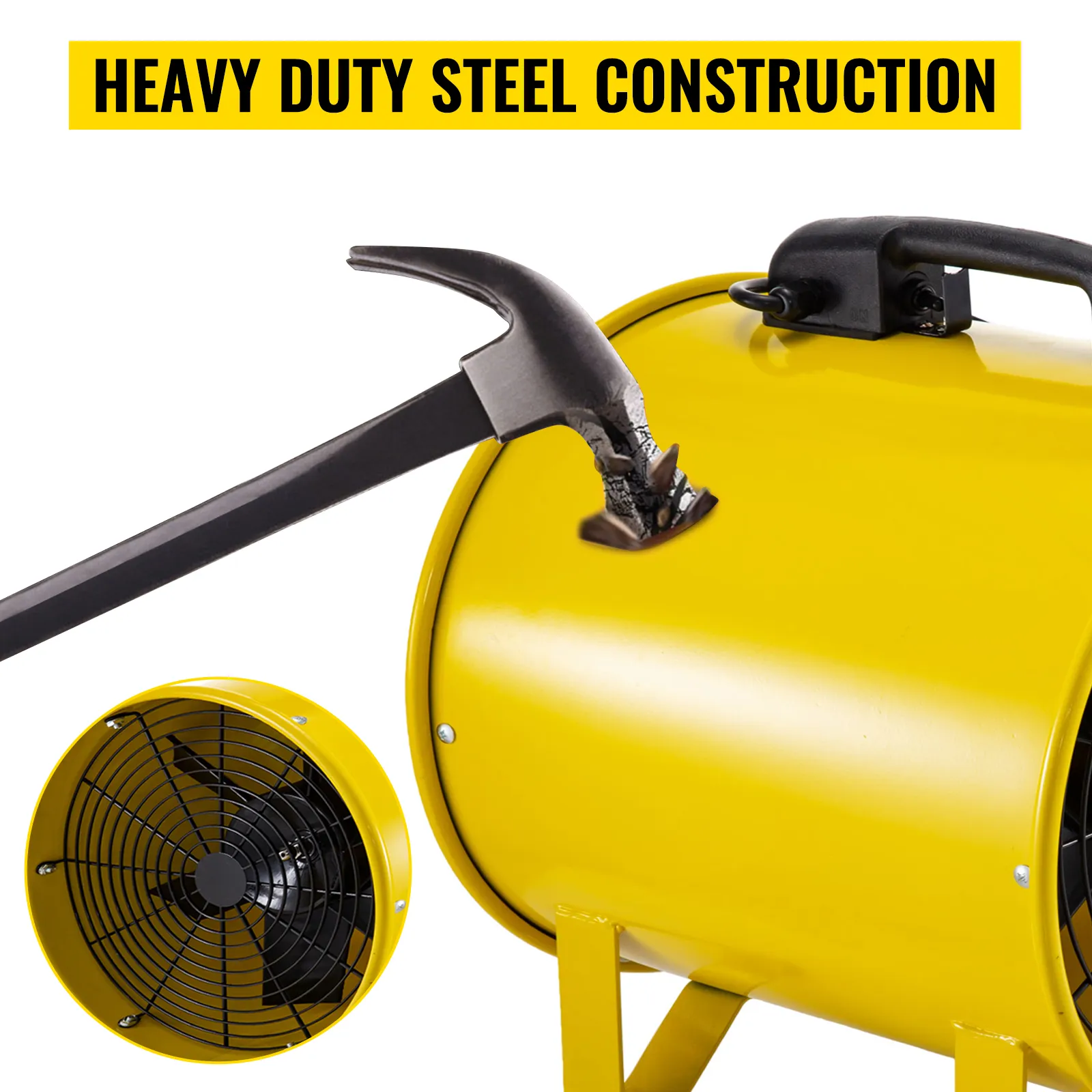 Ventilador utilitario VEVOR amarillo con carcasa de acero resistente y prueba de impacto de martillo.