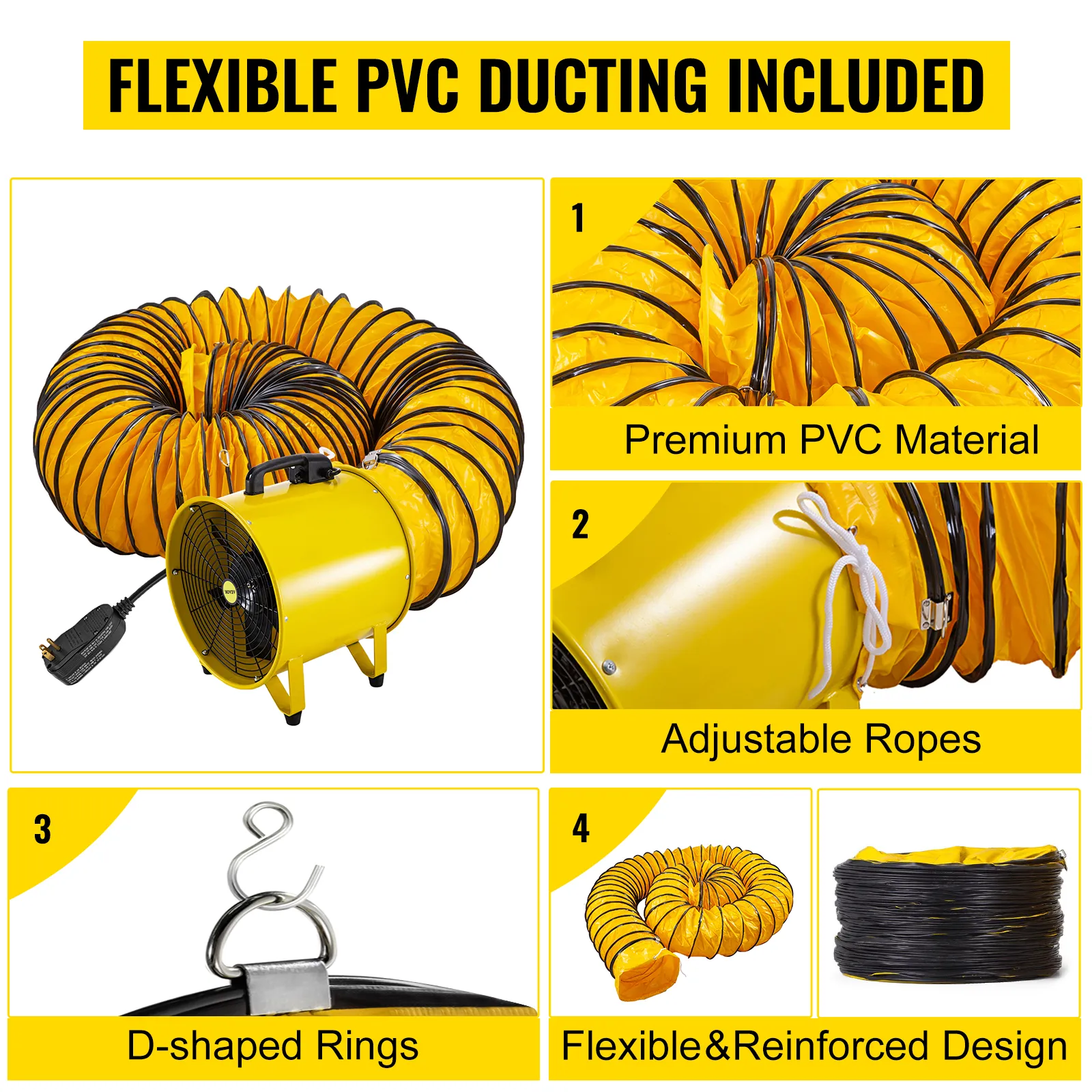 Ventilador utilitario VEVOR con conductos flexibles de PVC, cuerdas ajustables y anillos en forma de D.