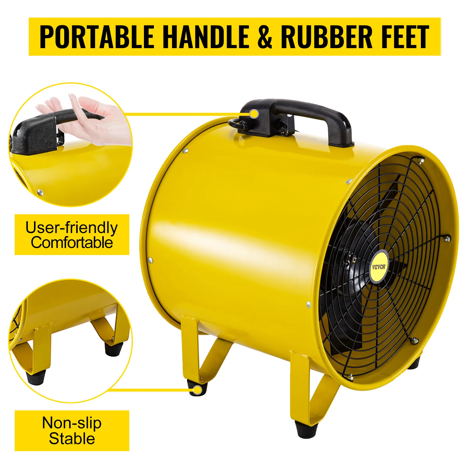 Ventilador utilitario VEVOR con mango portátil, patas de goma y diseño fácil de usar.