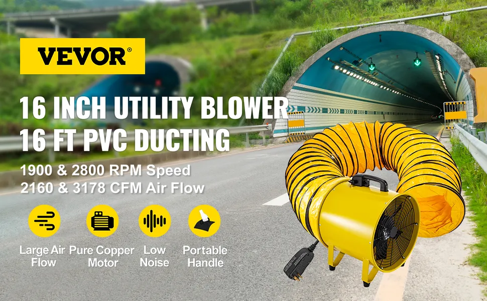 Ventilador utilitario VEVOR frente a un túnel con conducto de pvc amarillo.