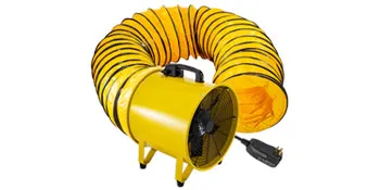 Ventilador utilitario VEVOR amarillo con manguera de conducto flexible y cable de alimentación.
