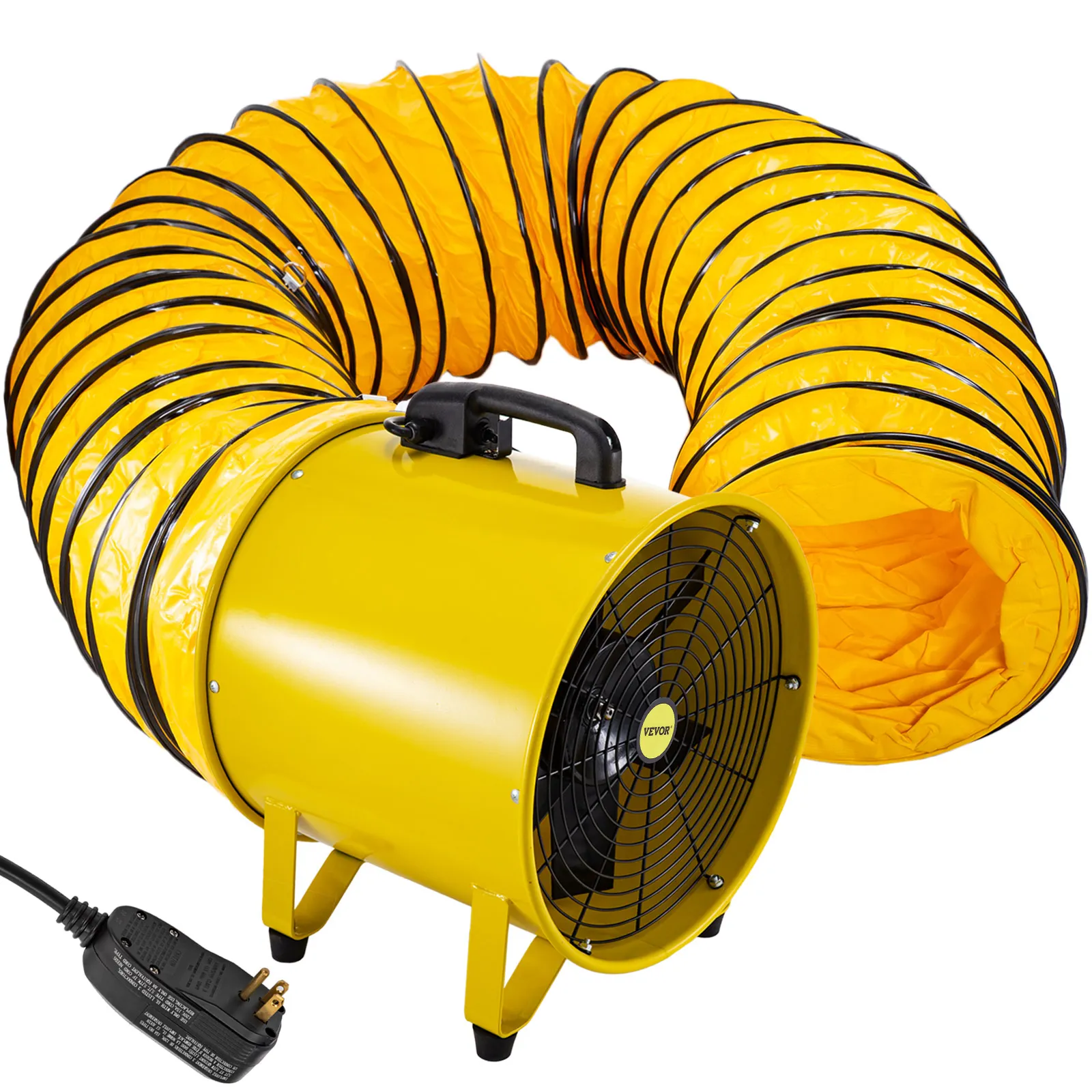 Ventilador multiusos VEVOR amarillo con cable negro y manguera de conducto flexible amarilla
