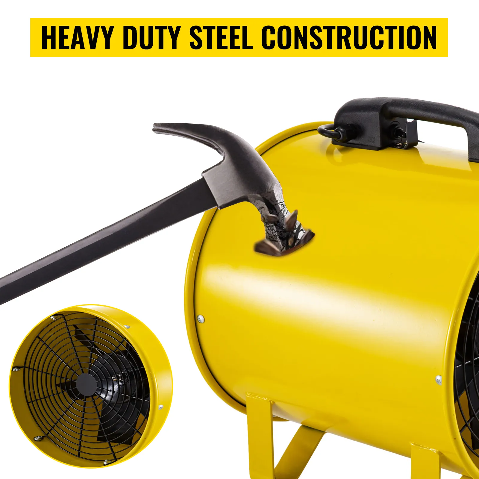 Ventilador utilitario VEVOR con construcción de acero resistente, duradero bajo el impacto del martillo.