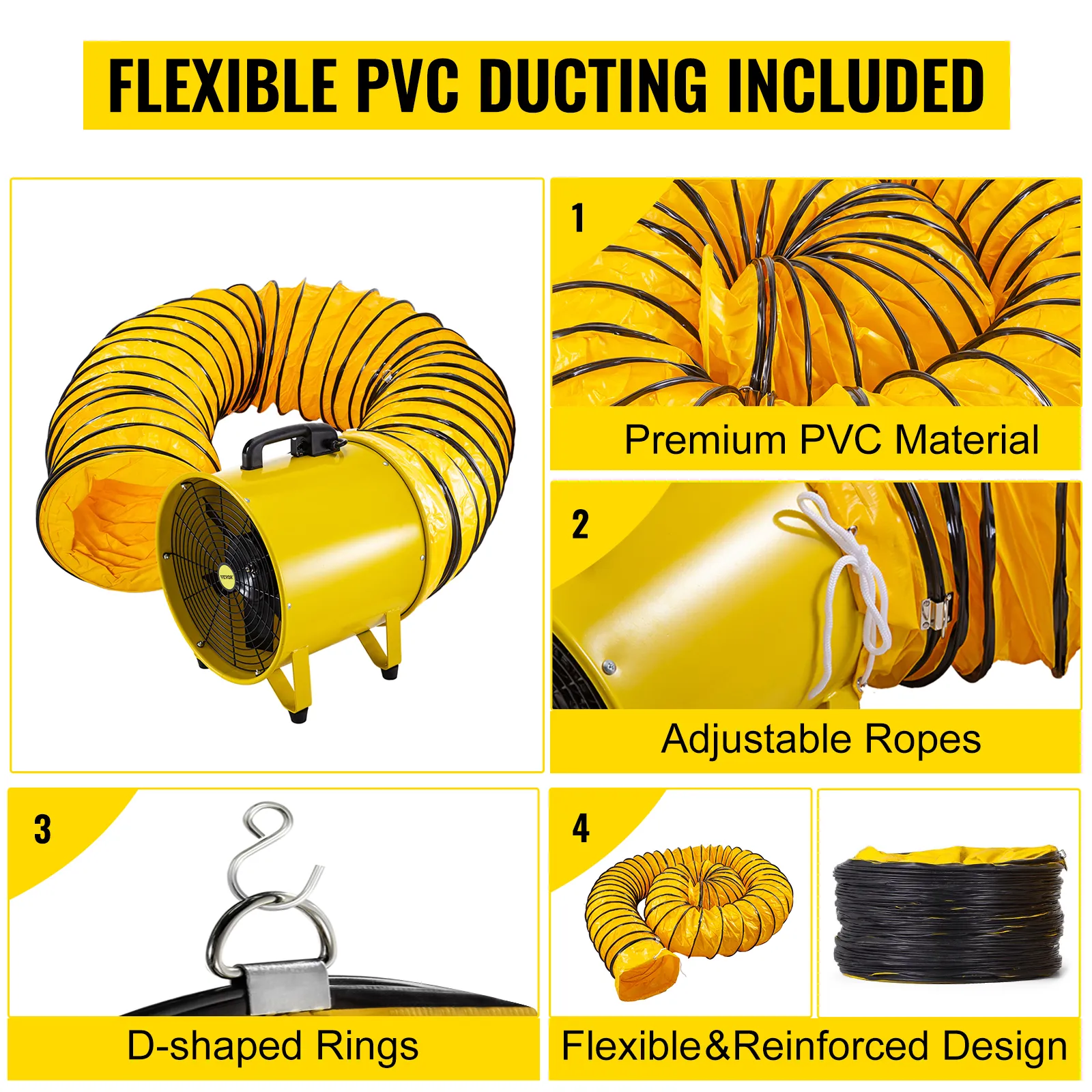 Ventilador utilitario VEVOR con conducto de PVC flexible incluido, material de primera calidad.