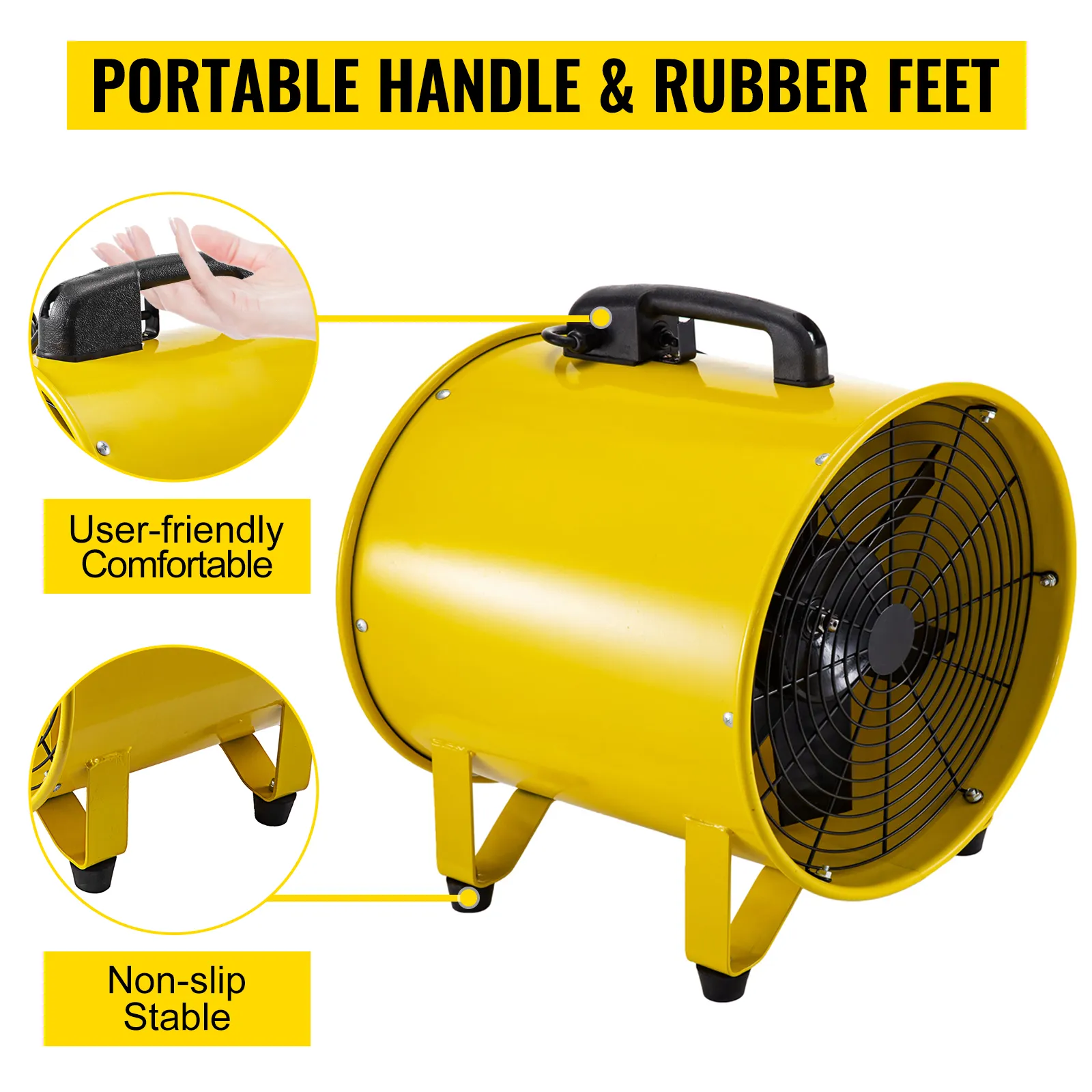 Ventilador utilitario VEVOR con mango portátil y patas de goma para mayor estabilidad.