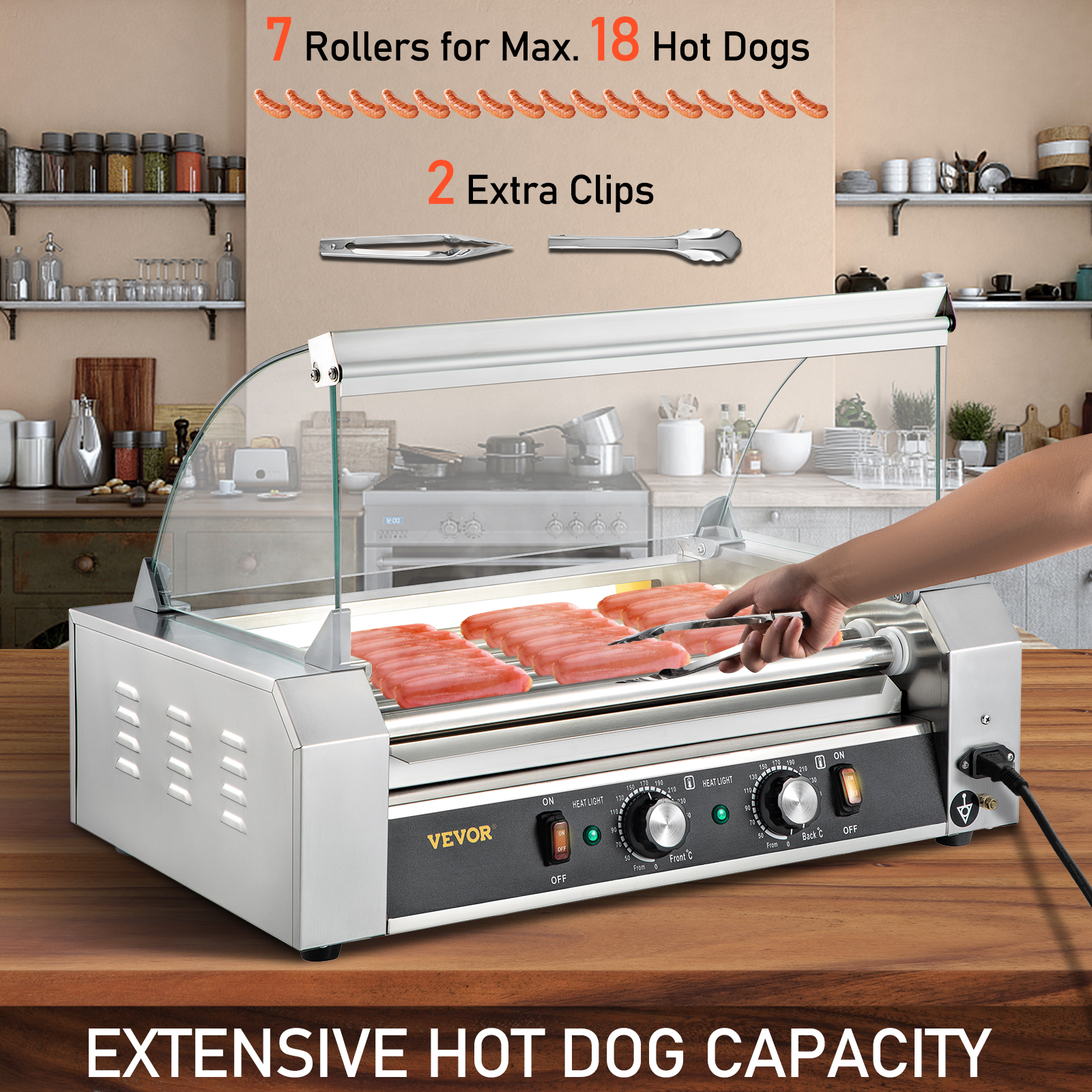 VEVOR Hot Dog Roller, 18 Hot Dog Capacity 7 Rollers, 1050W Stainless Steel Cook Warmer Machine w/ Cover ＆ Dual Temp Control, LED Light ＆ Detachable VEVOR Hot Dog Roller, 18 Hot Dog Capacity 7 Rollers, 1050W