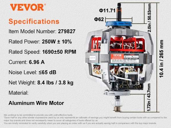 specifications of VEVOR dryer motor, 250w, 1690 rpm, 6.96a, 8.4 lbs, 10.4"x 5.3"x 5.6"
