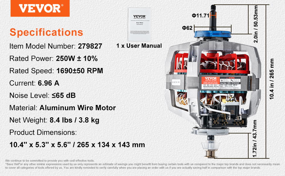 Miaページ VEVOR 279827 Dryer Motor, Compatible with Kenmore, Whirlpool