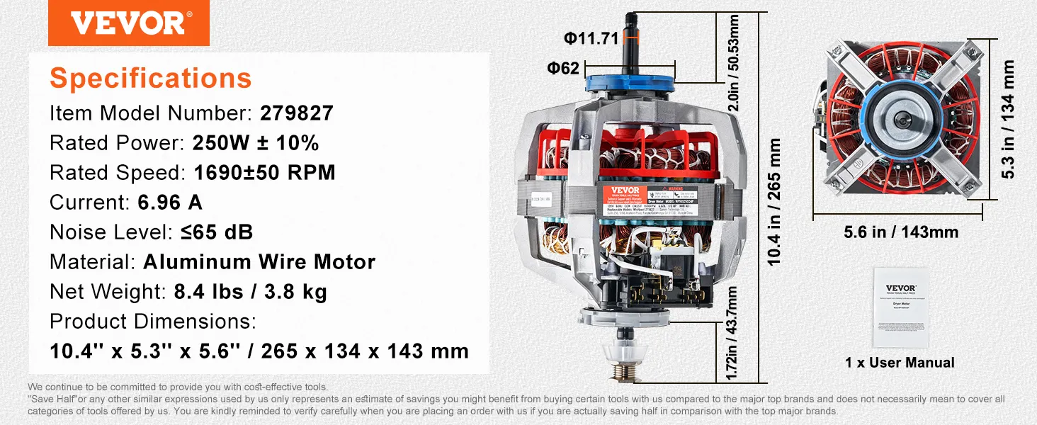 specifications of VEVOR dryer motor, 250w, 1690 rpm, 6.96a, 8.4 lbs, 10.4"x 5.3"x 5.6"