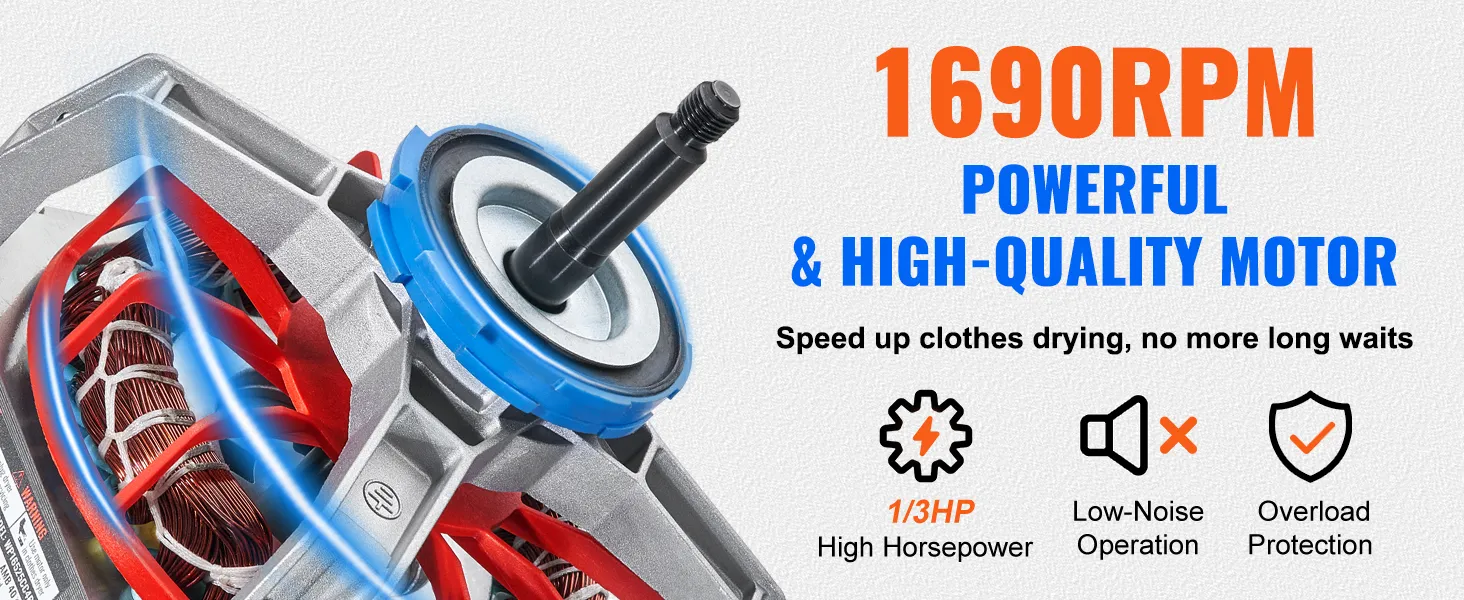 1690rpm VEVOR dryer motor with high horsepower, low-noise operation, and overload protection.