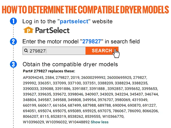 VEVOR dryer motor compatibility guide on partselect website with search instructions and model numbers.