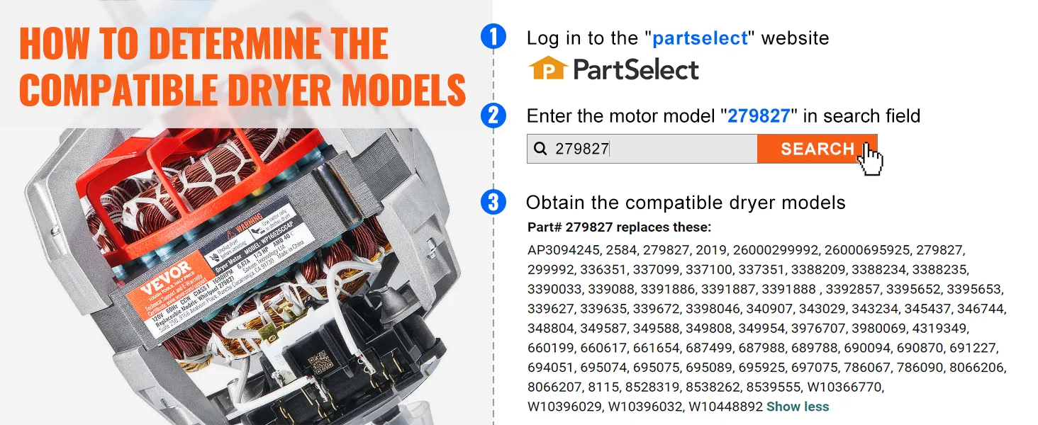 VEVOR dryer motor compatibility guide on partselect website with search instructions and model numbers.