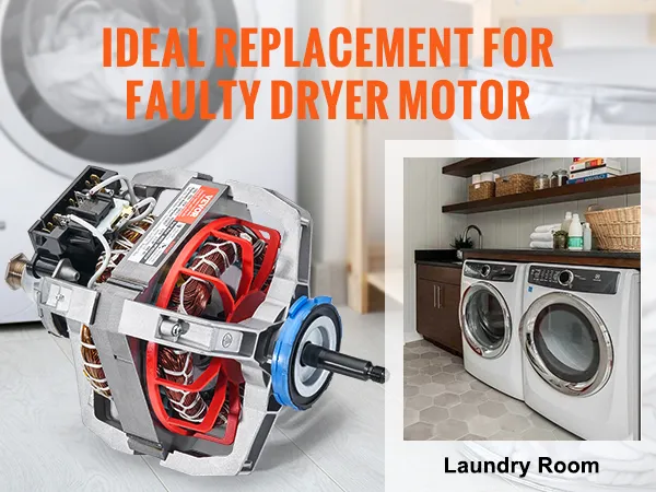 VEVOR dryer motor replacement advertisement featuring a modern laundry room and a dryer motor.