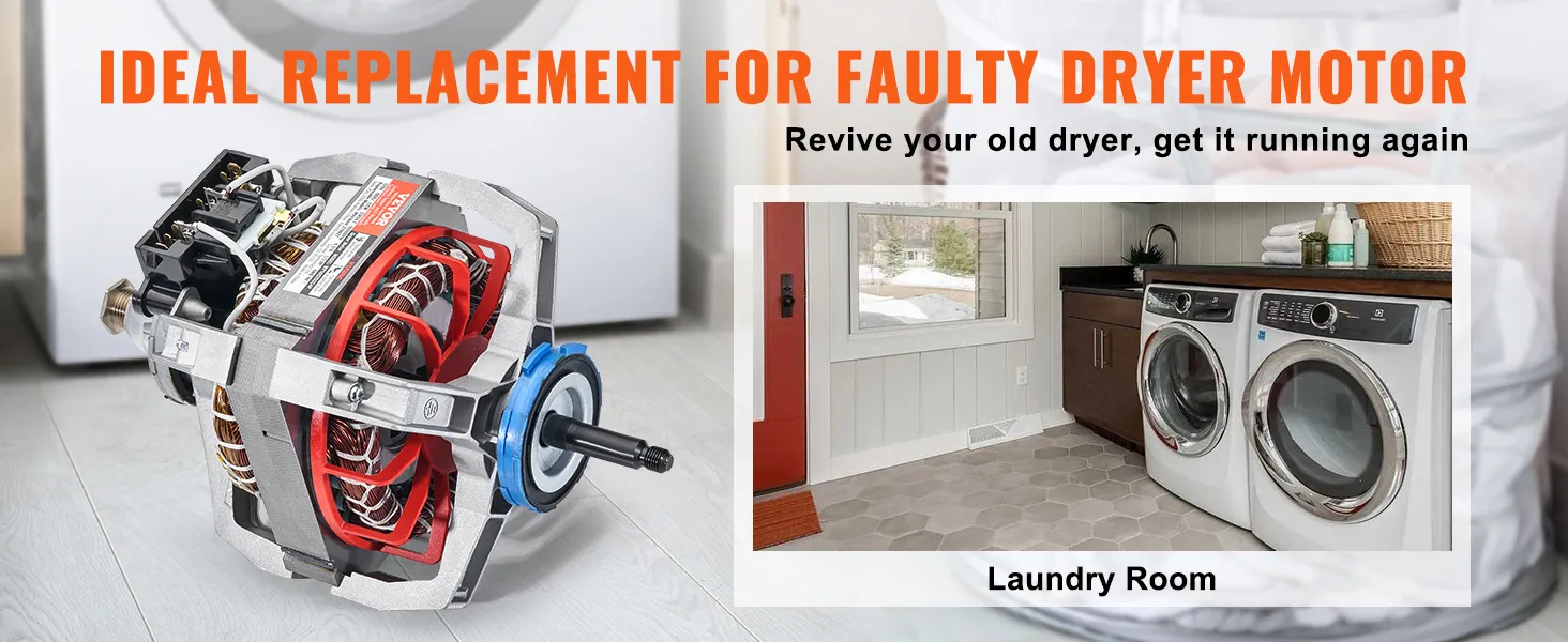 VEVOR dryer motor replacement advertisement featuring a modern laundry room and a dryer motor.