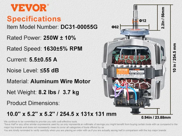 VEVOR dryer drive motor with specifications, dimensions, and user manual shown.