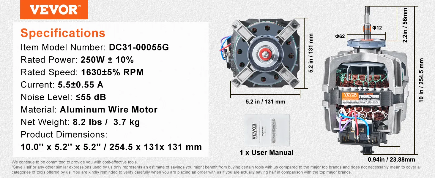 VEVOR dryer drive motor with specifications, dimensions, and user manual shown.