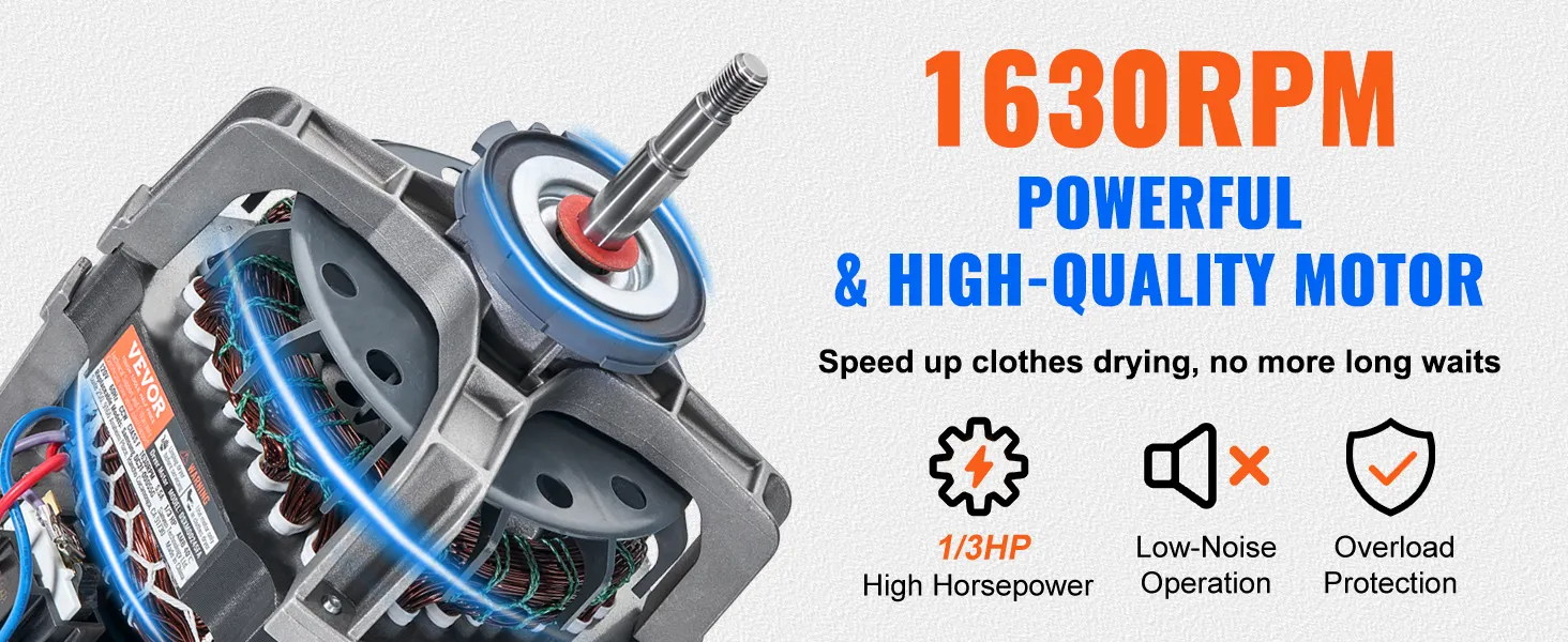 1630rpm VEVOR dryer drive motor, powerful 1/3hp, high-quality, low-noise, and overload protection.