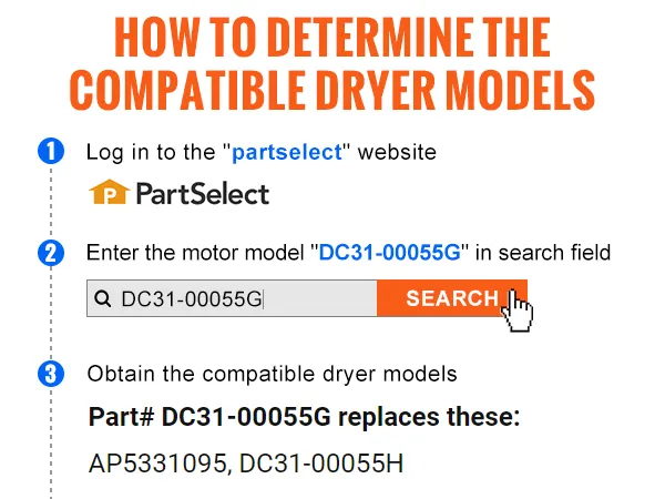 VEVOR dryer drive motor compatibility guide, showing search steps on partselect for model dc31-00055g.