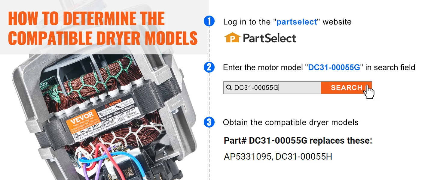 VEVOR dryer drive motor compatibility guide, showing search steps on partselect for model dc31-00055g.