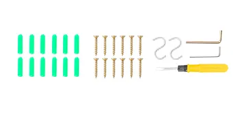 Kit de instalación de estante para copas de vino VEVOR con tornillos, anclajes verdes, ganchos y herramienta.