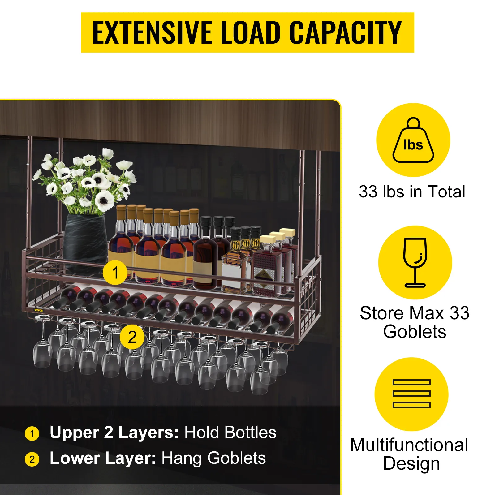 Estante para copas de vino VEVOR con gran capacidad de carga, con capacidad para sostener botellas y colgar 33 copas.