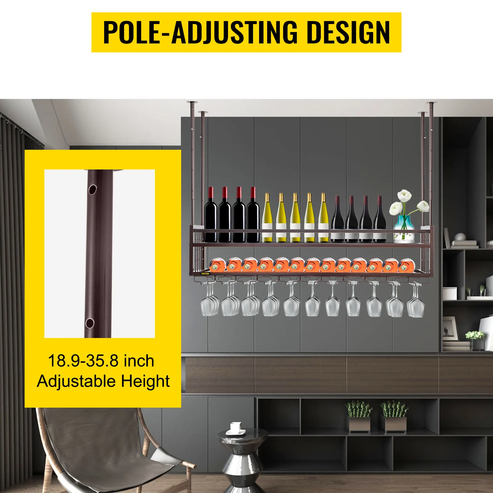 Estante para copas de vino VEVOR con altura ajustable, para exhibir botellas y copas colgantes.