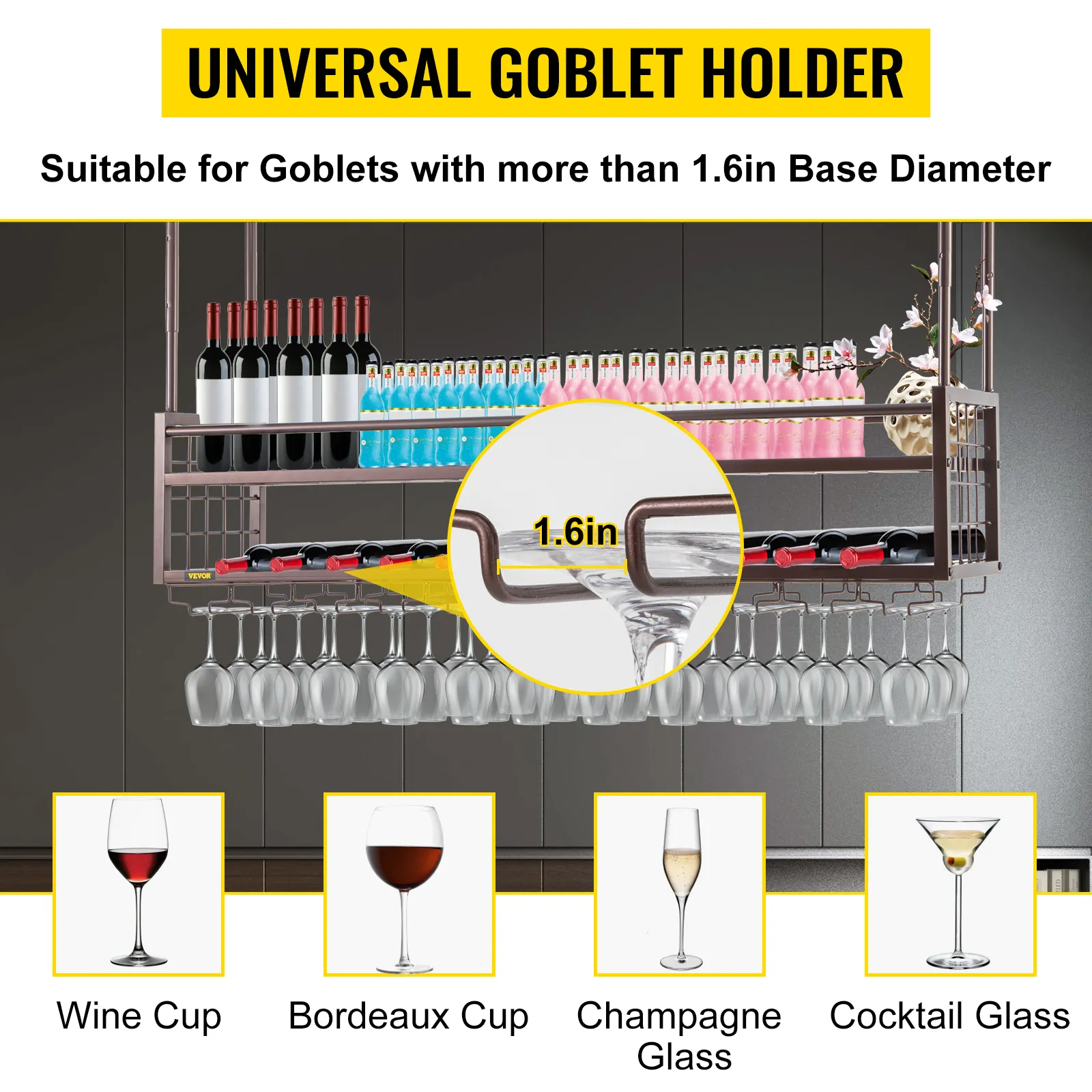 Estante para copas de vino VEVOR que sostiene varias botellas y copas, adecuado para copas de base superior a 1,6 pulgadas.