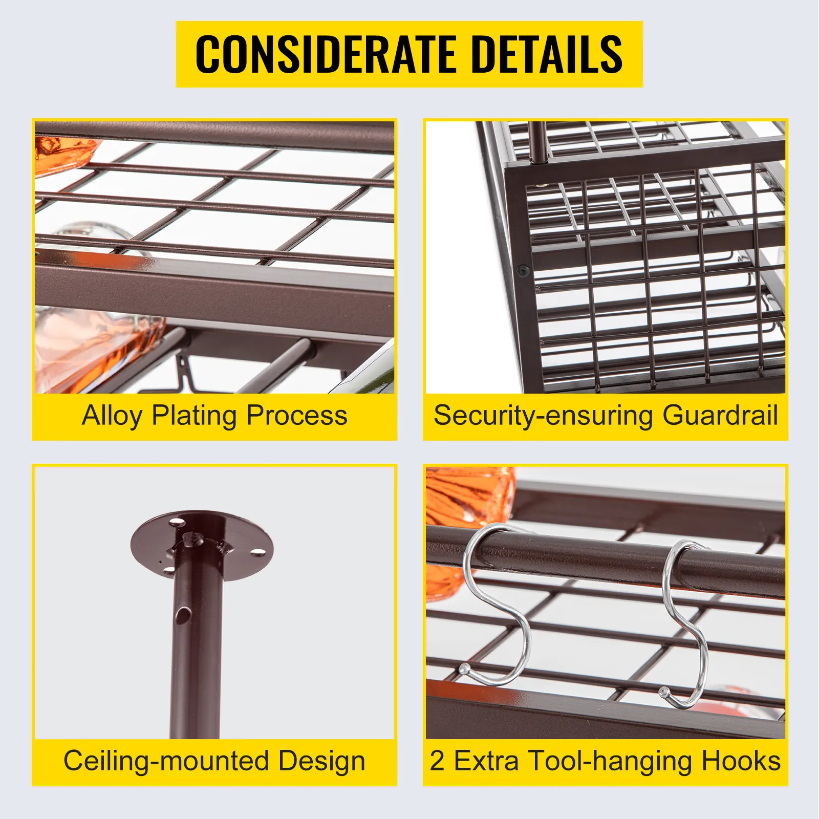 Estante para copas de vino VEVOR con detalles enchapados en aleación, barandilla, diseño de techo y ganchos para herramientas.