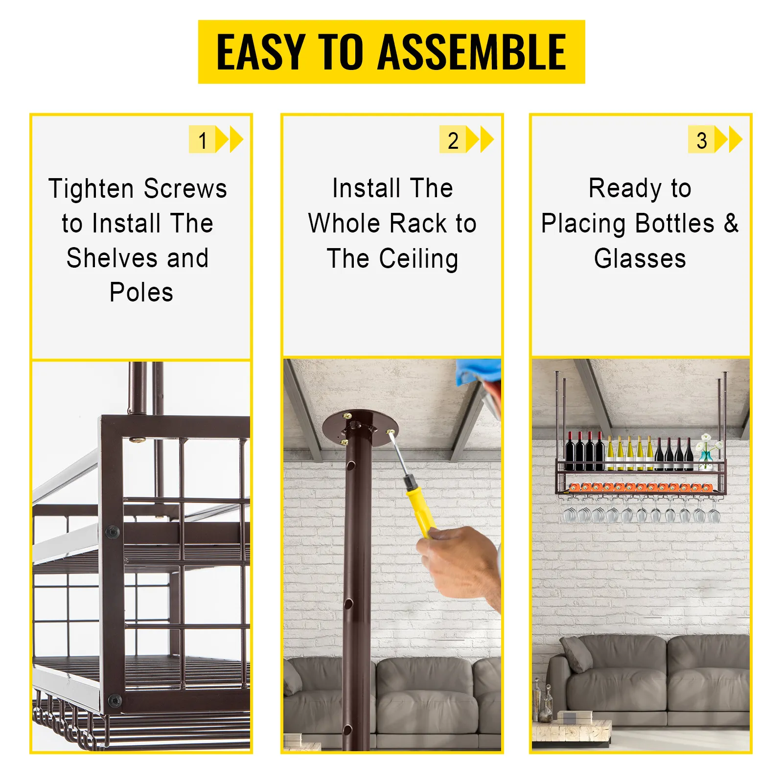 Pasos de instalación del estante para copas de vino VEVOR: ensamblar los estantes, montarlo en el techo, almacenar las botellas.
