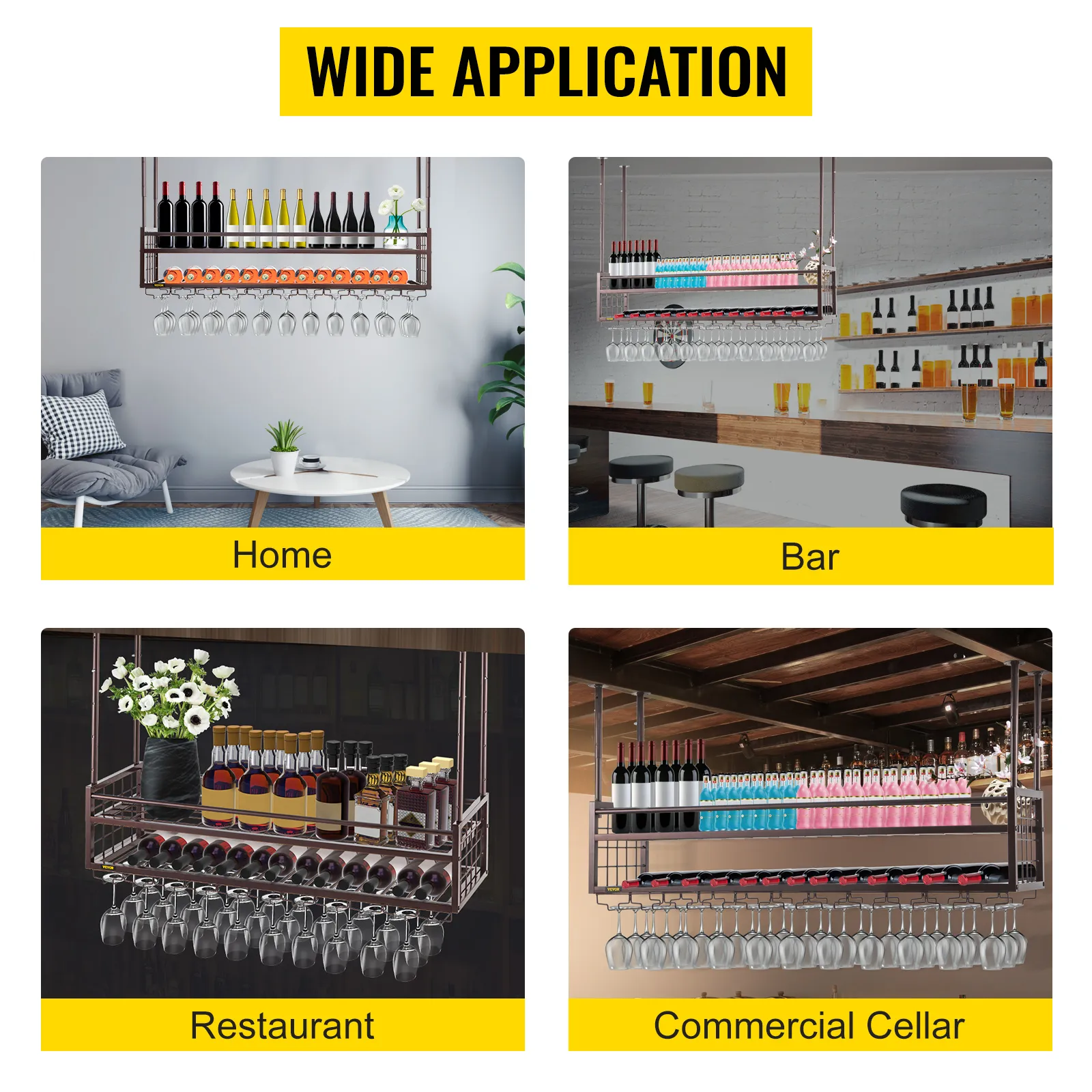 Estante para copas de vino VEVOR para uso doméstico, en bares, restaurantes y bodegas comerciales.