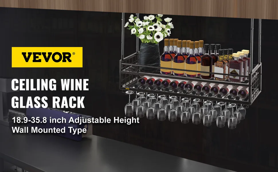VEVOR Decken-Weinglasregal mit einstellbarer Höhe für Gläser und Flaschen.
