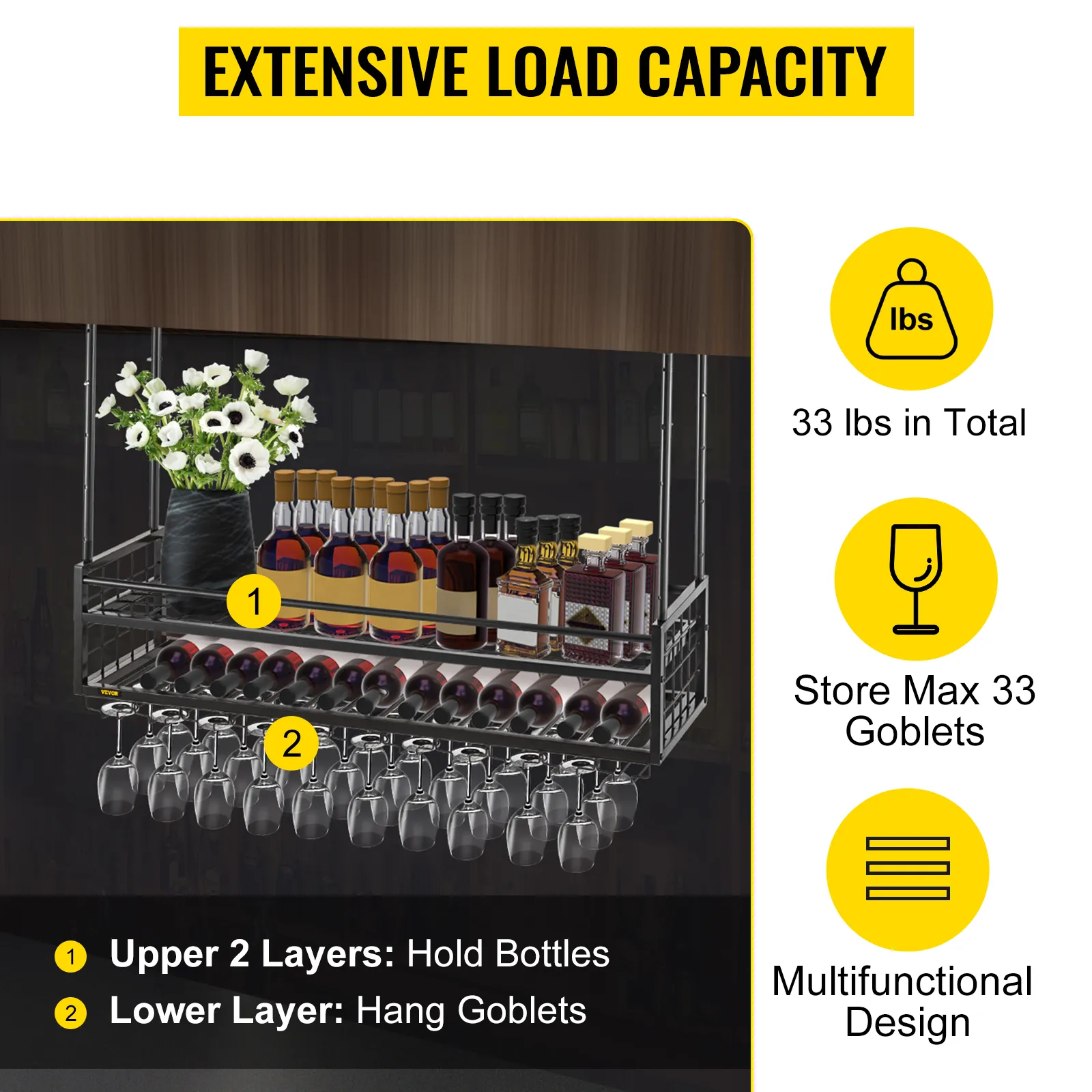 VEVOR Decken-Weinglasregal mit Tragkraft, bietet Platz für Flaschen und 33 Kelche.