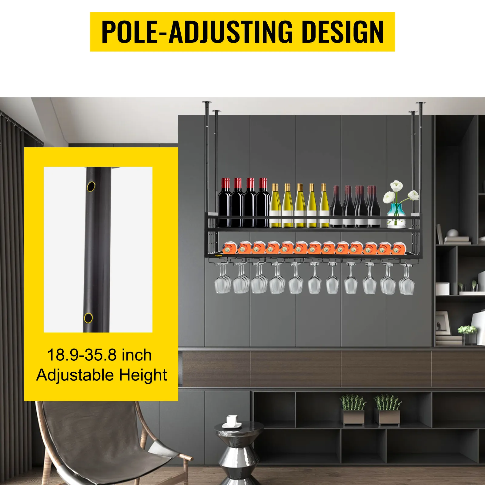 VEVOR Decken-Weinglasregal mit einstellbarer Höhe von 18,9 bis 35,8 Zoll