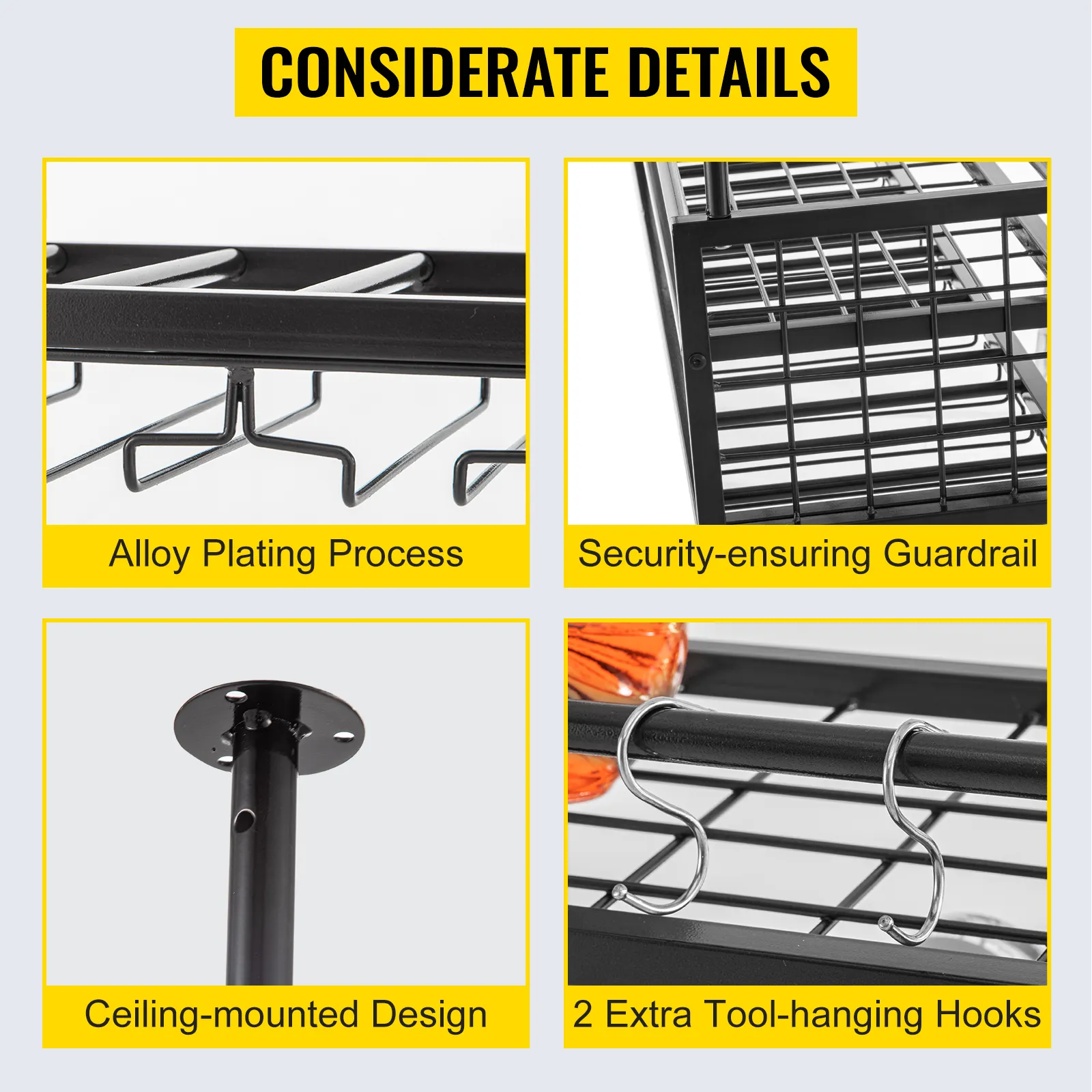 Legierungsbeschichtung, Geländer, Deckenmontage und Haken des VEVOR-Deckenweinglasregals.