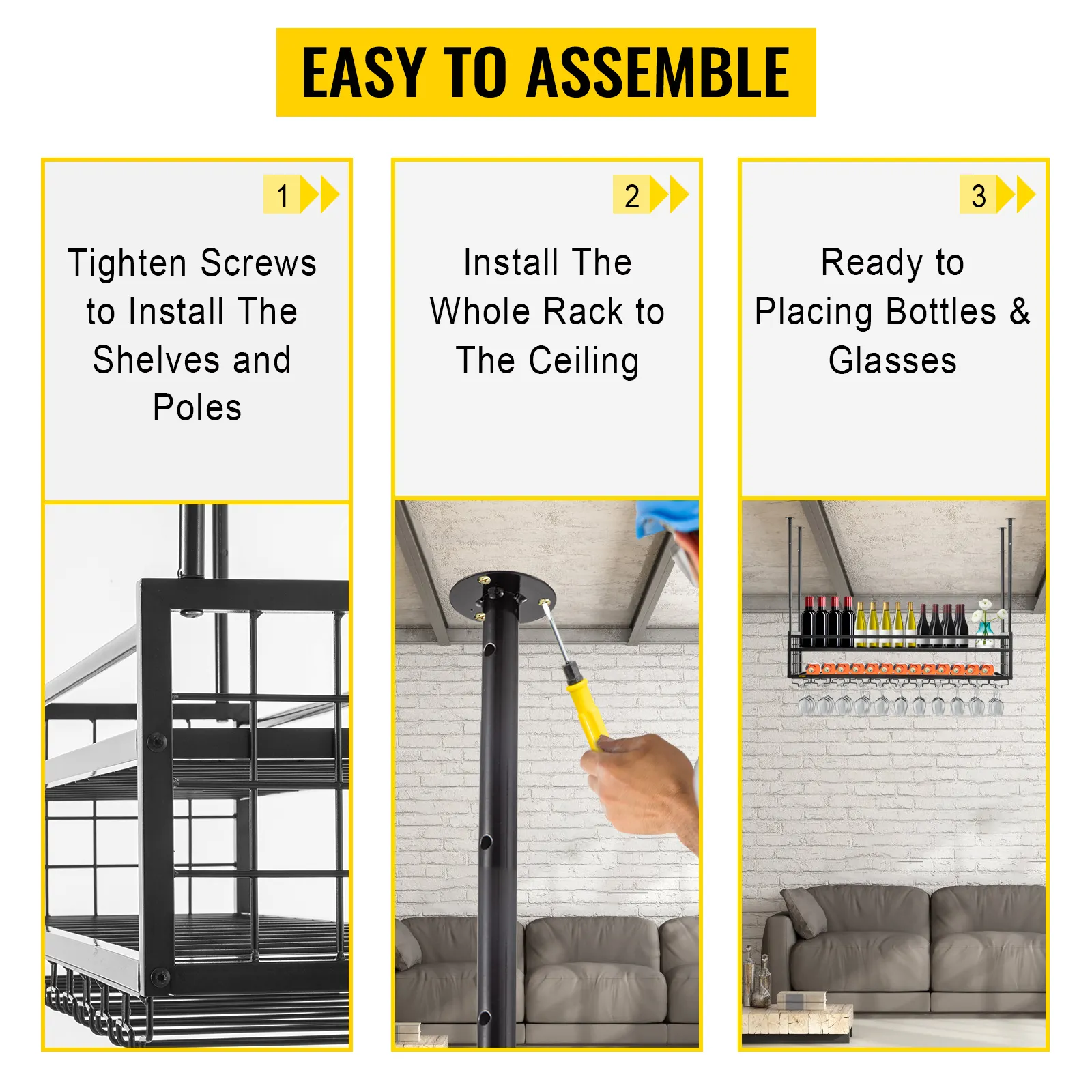 Einfache Installationsschritte für das VEVOR-Deckenweinglasregal mit Flaschen und Gläsern.