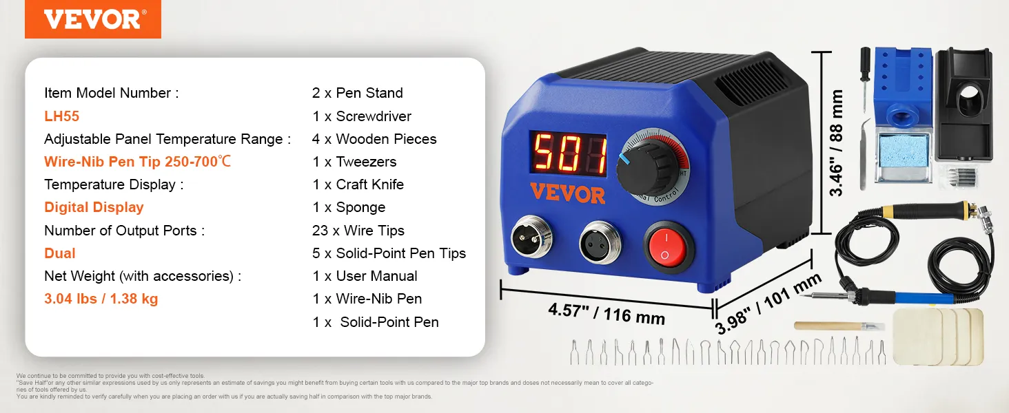 VEVOR wood burning kit with temperature display, wire-nib pen, accessories, and detailed product specs.