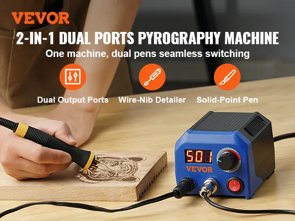 VEVOR wood burning kit: 2-in-1 dual ports pyrography machine with digital display and dual pens.