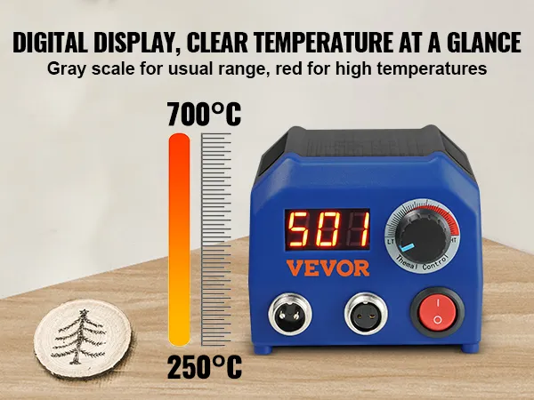 digital display of VEVOR wood burning kit with temperature range 250°c to 700°c and wooden tree etching.