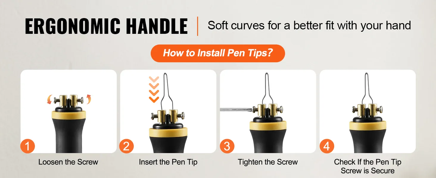 VEVOR wood burning kit ergonomic handle and pen tip installation steps for better hand fit.