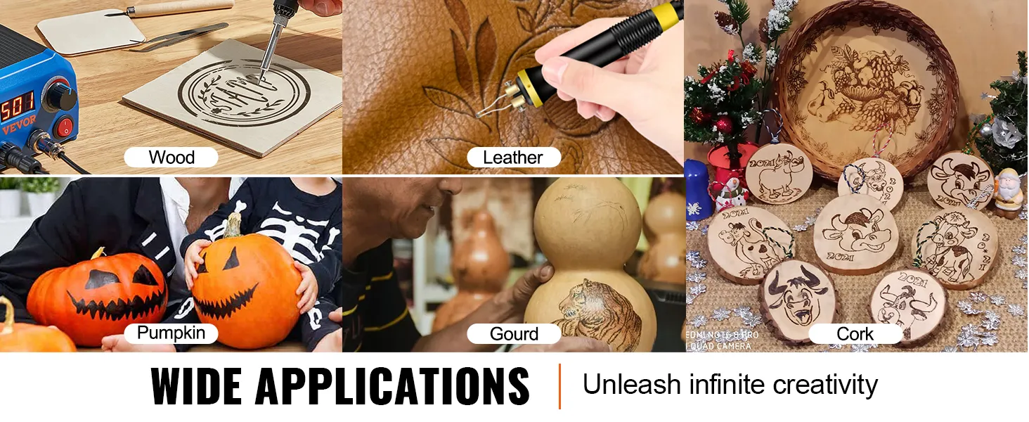 VEVOR wood burning kit used on wood, leather, pumpkin, gourd, and cork. wide applications.