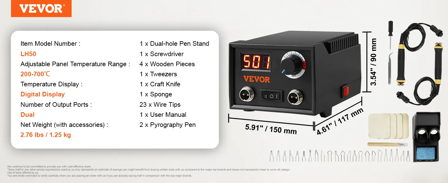 VEVOR-Holzbrennset lh50 mit Digitalanzeige, zwei Ausgangsanschlüssen und 23 Drahtspitzen inklusive.