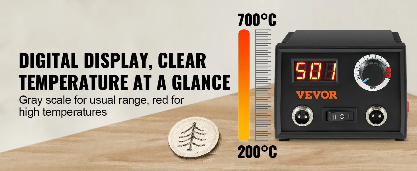 Digitalanzeige des VEVOR-Holzbrenner-Sets mit Temperaturregelung von 200 °C bis 700 °C.