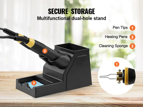 Sicherer Ständer für das VEVOR-Holzbrennset mit Stiftspitzen, Heizstiften und Aufbewahrung für Reinigungsschwämme.