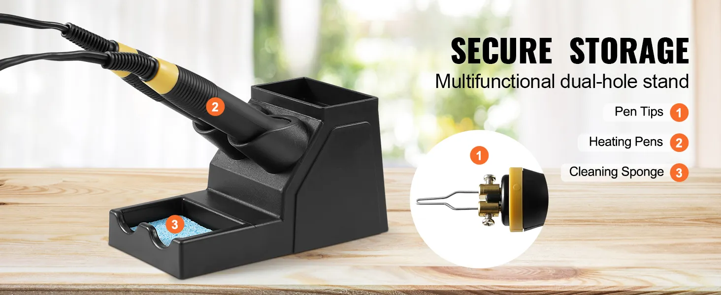 Sicherer Ständer für das VEVOR-Holzbrennset mit Stiftspitzen, Heizstiften und Aufbewahrung für Reinigungsschwämme.