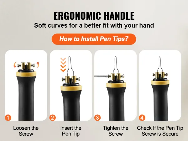 VEVOR-Holzbrennset – Anleitung zum Anbringen von Stiftspitzen mit ergonomischem Griff und Schritt-für-Schritt-Anleitung.