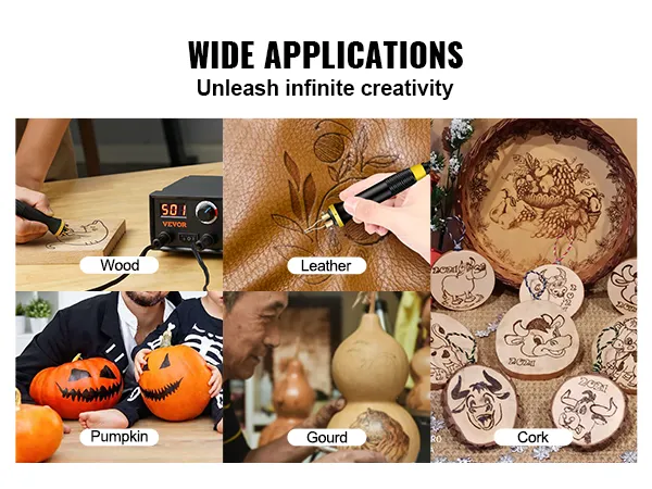 Das Holzbrennset von VEVOR beweist seine Vielseitigkeit bei der Herstellung von Kunsthandwerk aus Holz, Leder, Kürbissen, Kürbisgewächsen und Kork.