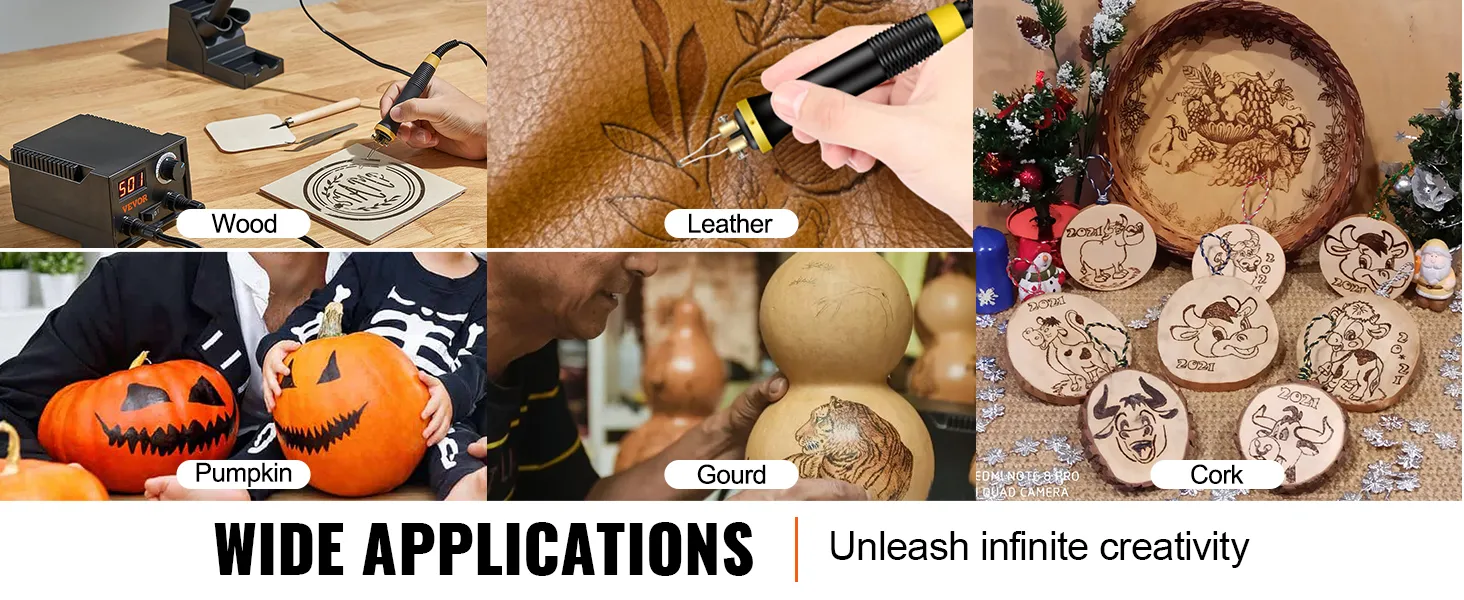 Das Holzbrennset von VEVOR beweist seine Vielseitigkeit bei der Herstellung von Kunsthandwerk aus Holz, Leder, Kürbissen, Kürbisgewächsen und Kork.