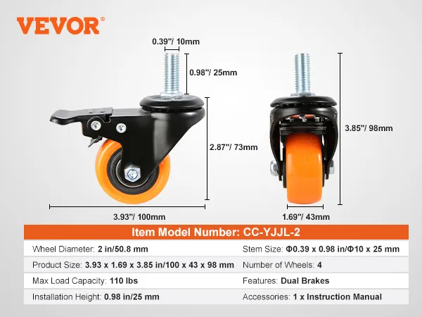 VEVOR caster wheels, 2 in diameter, dual brakes, set of 4, max load 110 lbs, model cc-yjl-2.
